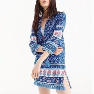 J. Crew Cotton Voile Tunic Swim Cover-Up in Floral Block Print with Fringe